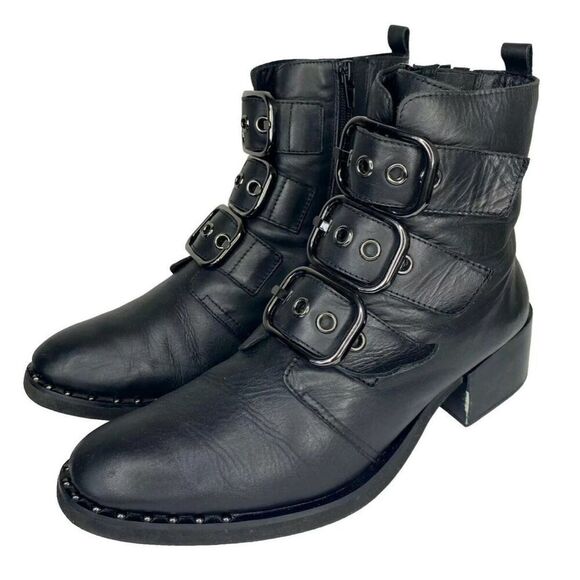 Jeffrey Campbell studded black leather buckle boots. - Picture 1 of 11